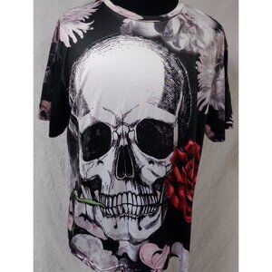 ZooTop Bear 2XL Black Multicolor Skull With Rose Flower Graphic Tee Shirt